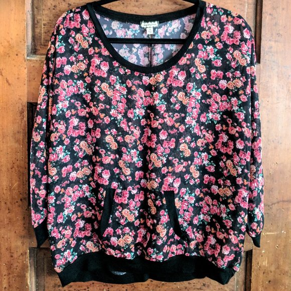 Cute Black Pink Floral Pocket Blouse Top Eyeshadow - Picture 1 of 3